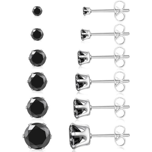 6 Pairs Stainless Steel Stud Earrings Set Hypoallergenic Cubic Zirconia Black - Picture 1 of 6